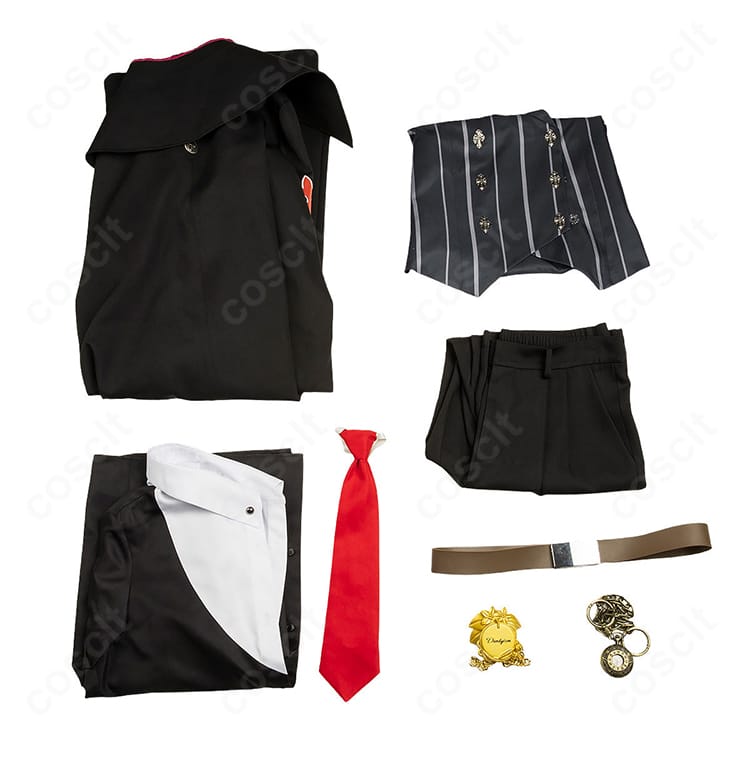 スレイヤー衣装セット内容一式のレイアウト画像。コート・シャツ・ベスト・ズボン・ネクタイ・ベルト・胸飾り・懐中時計を掲載。