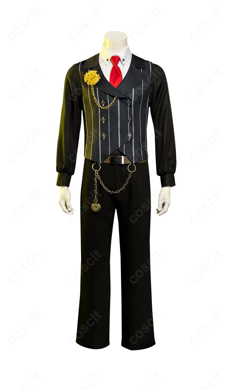 インナーのシャツとベストの正面ディテール。胸元のレイヤードとボタン位置がわかる近接。