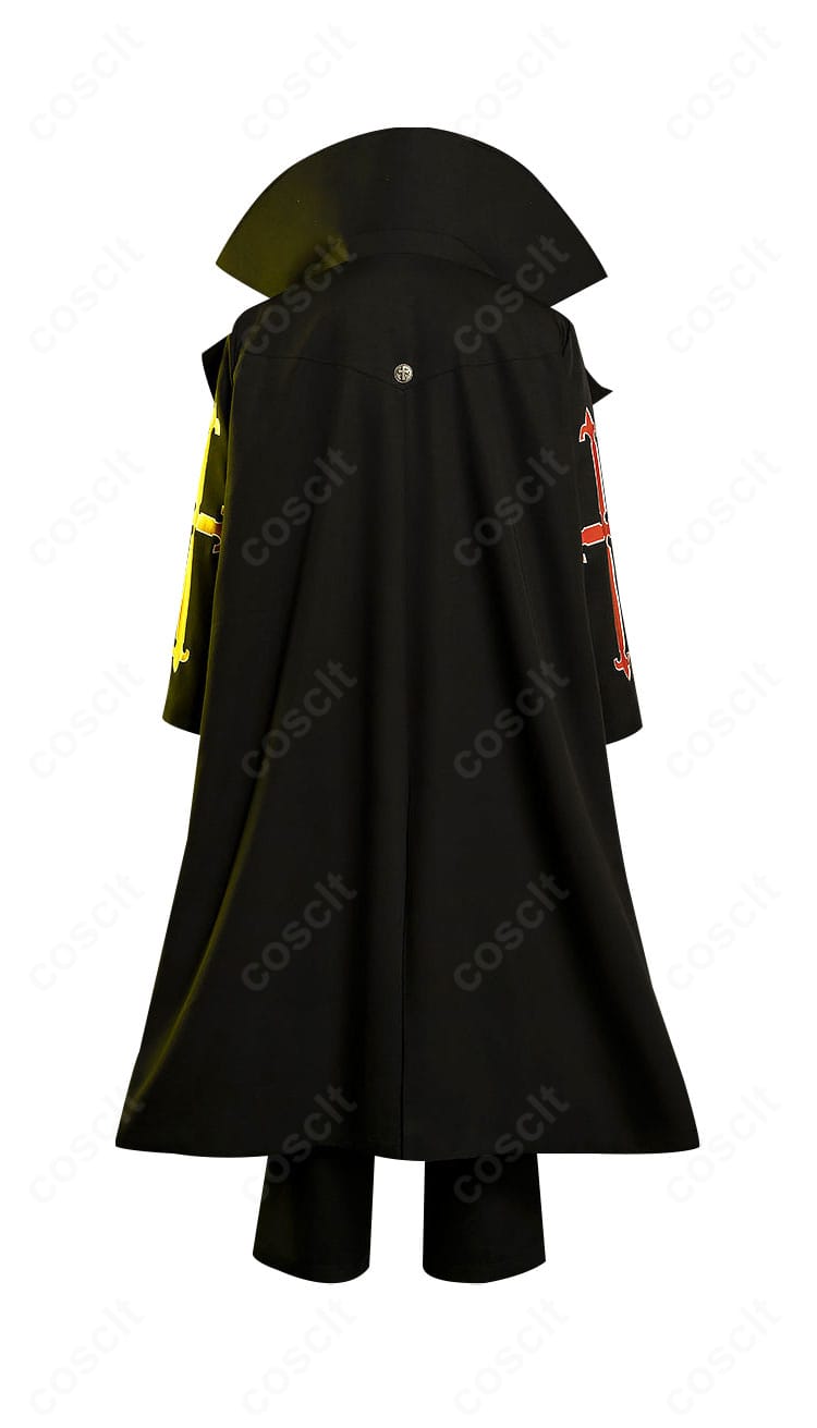 スレイヤー衣装背面全体。背中の切り替えと裾の落ち感、ベルト位置のバランスが見える。