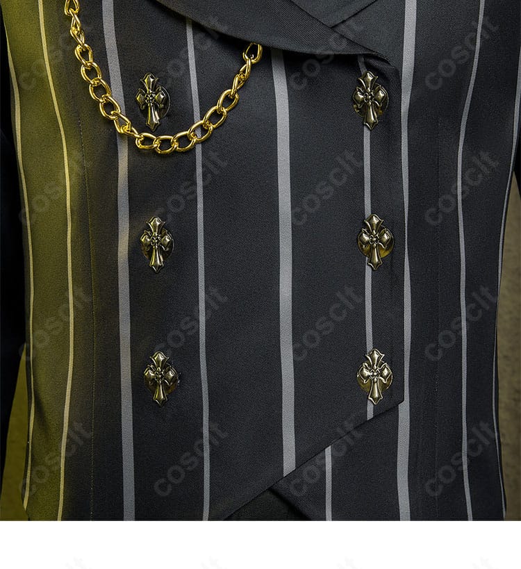 門襟の装飾ディテール。ラペルの角度とエッジのハリ感を示す近接。