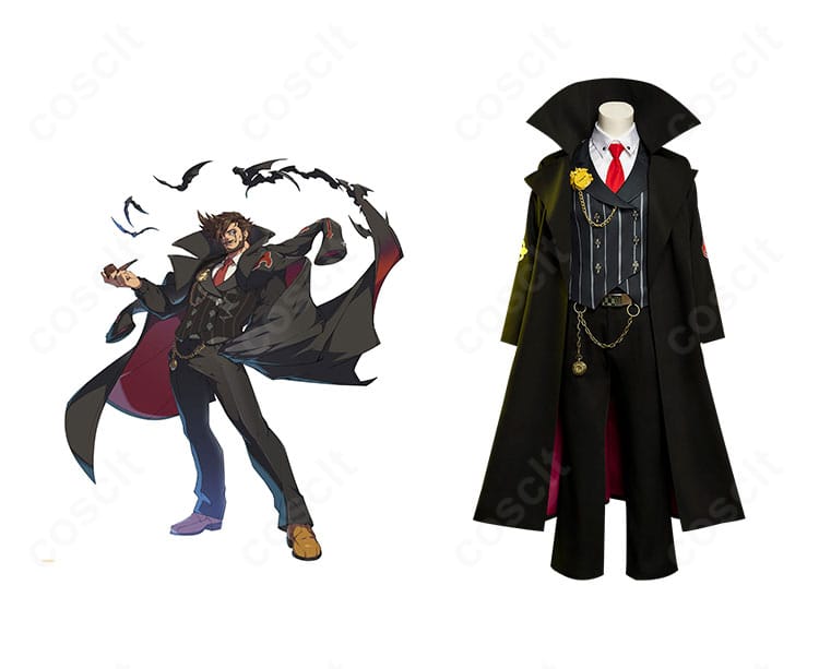 スレイヤーの正面ビジュアルと衣装全体を並置した画像。紳士的ロングコートとベストの再現度がわかる構図。