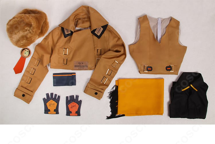 ミリア=レイジ コスプレ衣装のセット内容一覧。コート、ワンピース、インナー、マフラー、腕章、手袋を配置。