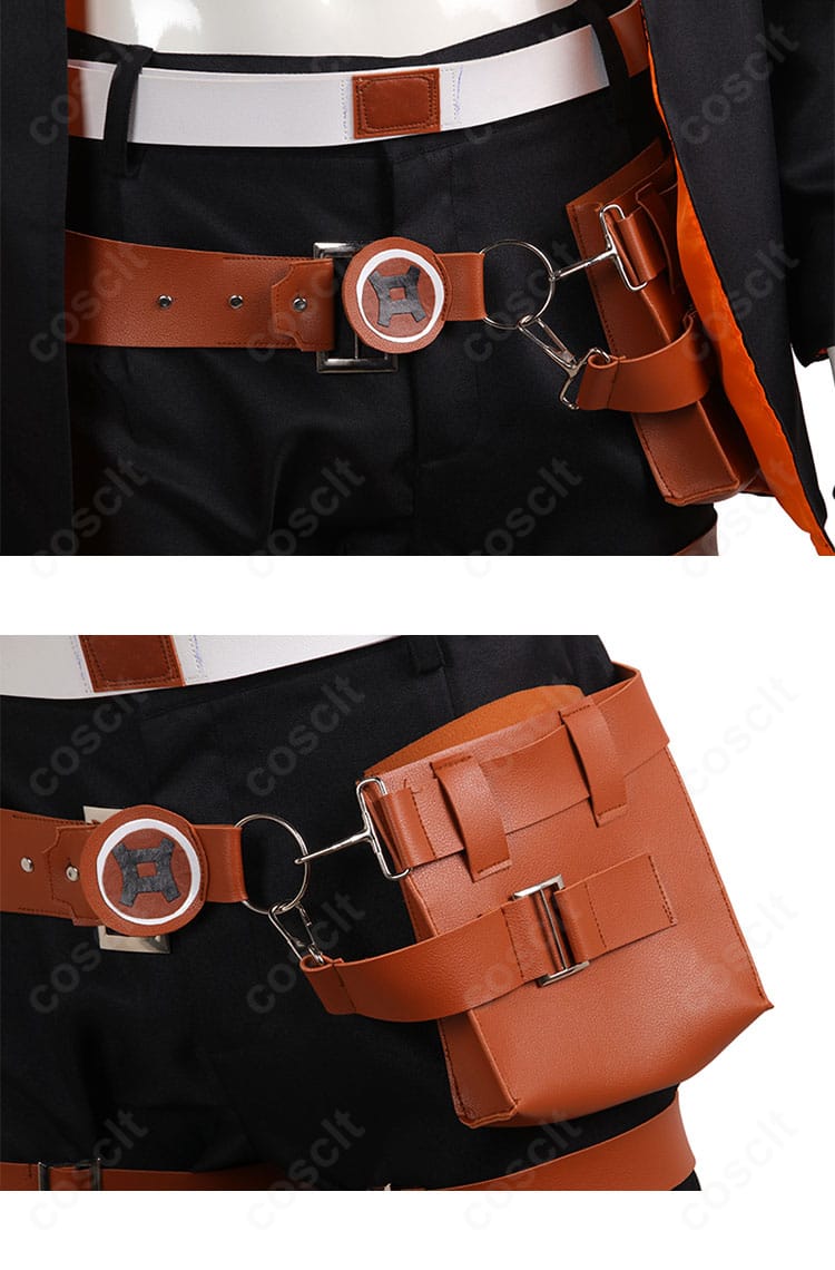 腰周りの装飾と腰包の接写。多層ベルトの構成とポーチ位置を再現したハッピーケイオス衣装の腰ディテール。