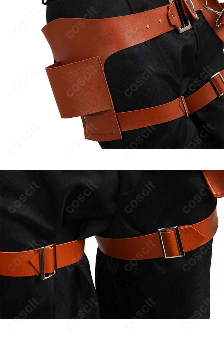 バンド装飾のクローズアップ。ベルトの質感、金具の色味と取り付け角度を見せるハッピーケイオス衣装。