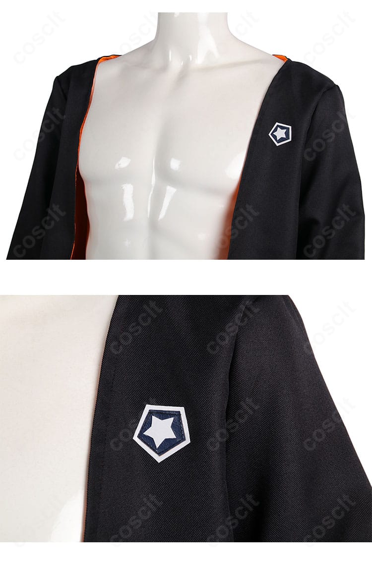 胸元装飾と袖口のアップ。胸部パーツの配置、袖口の縫製と質感を示すハッピーケイオス衣装のディテール。