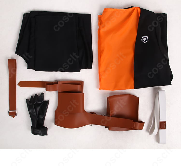 セット内容一覧。コート、ズボン、ベルト、手袋、太もも飾りを並べたハッピーケイオス衣装の内容紹介。