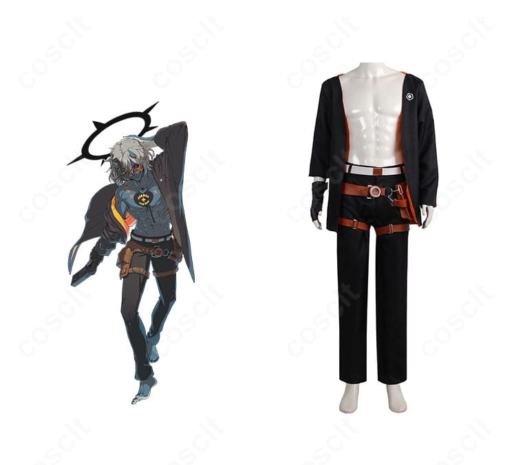 商品正面とハッピーケイオスを並置したコスプレ衣装。ロングコートとベルト配置を高再現したフルセットの全体像。