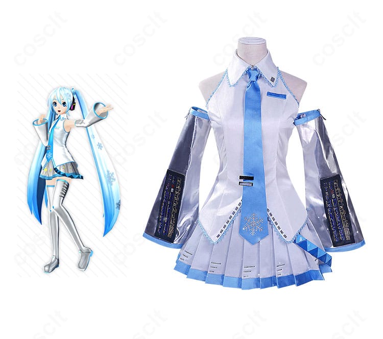 初音ミク 雪ミク2010(初代)コスプレ衣装の正面全景とキャラクター参考画像。配色と装飾の再現度が分かる1枚。