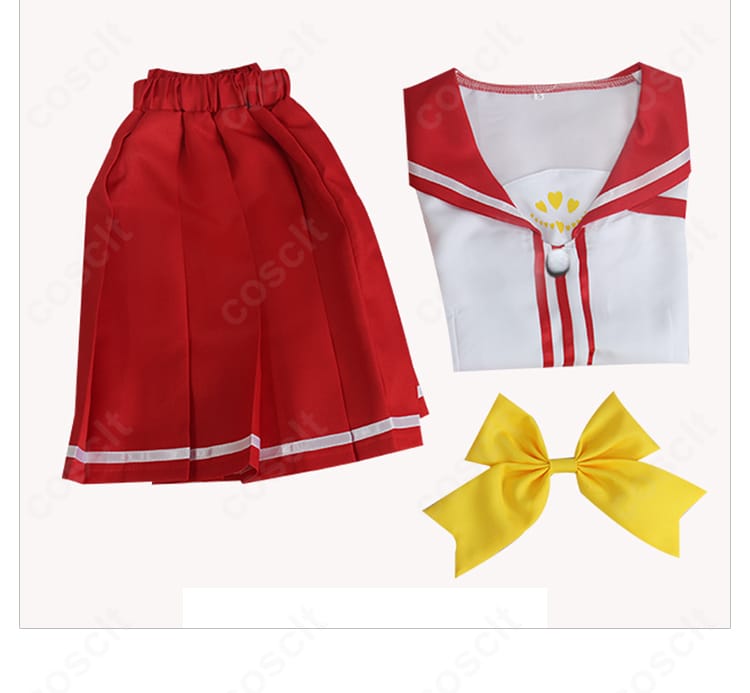 乙坂歩未 夏制服コスプレ衣装のセット内容。トップス・スカート・スカーフの3点を並べた構成。