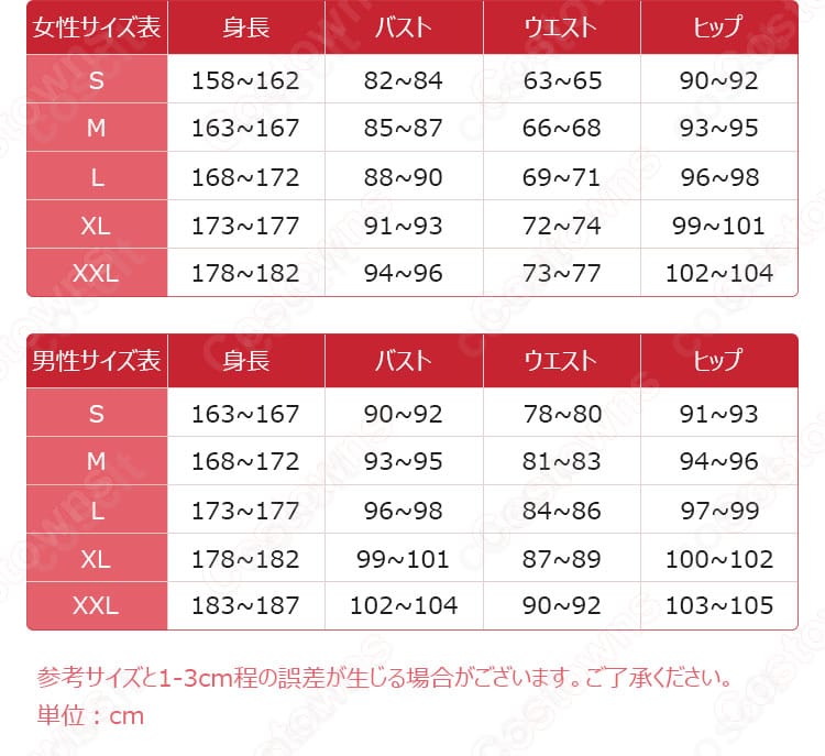 ミラ コスプレ衣装のサイズガイド画像。S〜XXLの各寸法を一覧化し、体型に合わせたフィット選びをサポートする説明図。