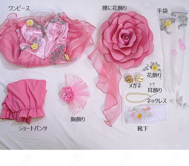 セット内容一覧画像｜ワンピース、ショートパンツ、花飾り、手袋、メガネ、靴下、ネックレス、耳飾りの全点