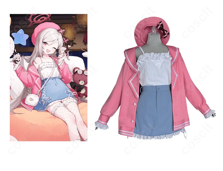 『ブルーアーカイブ』浅黄ムツキのゲヘナ学園制服コスプレ一式とキャラクタービジュアルの比較カット(正面全身)