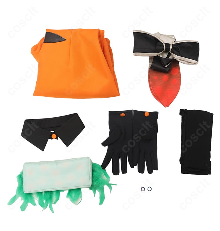 アオリ ハロウィンVer. コスプレ衣装のセット内容一式。ジャンプスーツ、つけ襟、タイツ、手袋、髪飾り、耳飾り、蝶結びを並べて紹介。