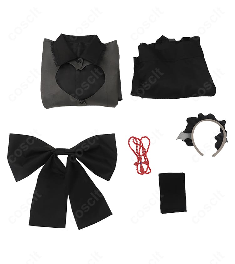 星野ルビー コスプレ衣装のセット内容一覧。ワンピース、エプロン、ネックレス、髪飾り、靴下、背部蝶結びの6点を確認。