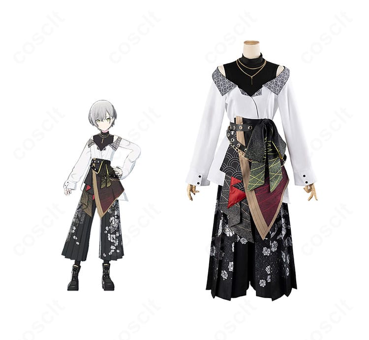 日野森志歩のコスプレ衣装一式の正面全体像。上着・インナー・ズボン・腰布・スカート飾り・ベルト・蝶結び・ネックレスを装備