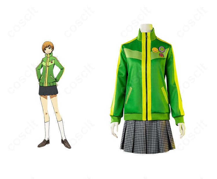 ペルソナ4 里中千枝の夏服制服コスプレ正面。キャラクタービジュアルとの比較で配色と装飾を確認できる画像