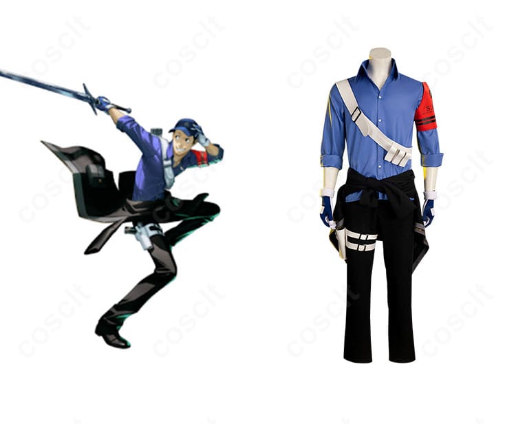 伊織順平のS.E.E.S.制服コスプレ一式・正面全体。コートと腕章、帽子、斜めベルトの配置が分かる構図。