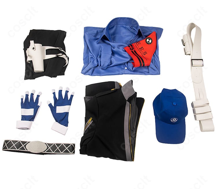 セット内容一覧。コート、ズボン、シャツ、腕章、手袋、帽子、ベルト、ホルスター、肩ベルトを表示。