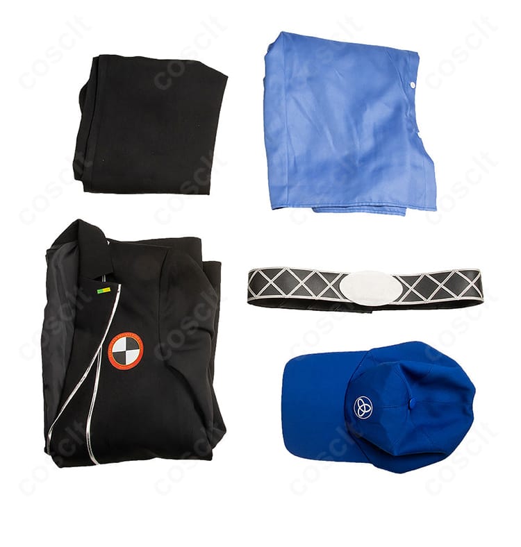 セット内容の並び写真:コート、シャツ、ズボン、帽子、ベルトの5点構成