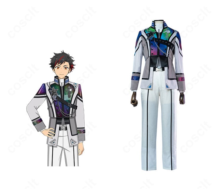 流星隊「NEW DAYBREAK/TRIP」衣装の正面全体とキャラクターイメージを並置したコラボ風カット