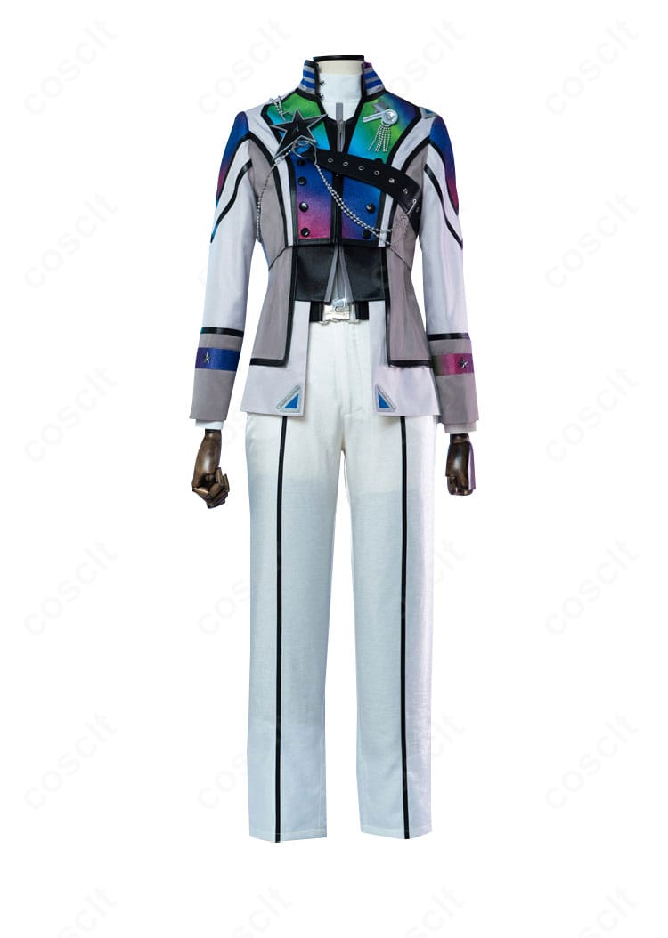 流星隊コスプレ衣装の正面全景。コート・ベスト・ズボン・胸飾りの配置が分かる商品写真