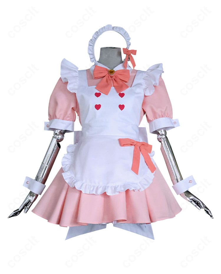 下江コハル メイド服コスプレの正面アップ。高発色の配色とメイドテイストの意匠が分かる高品質仕上げのディテール写真。