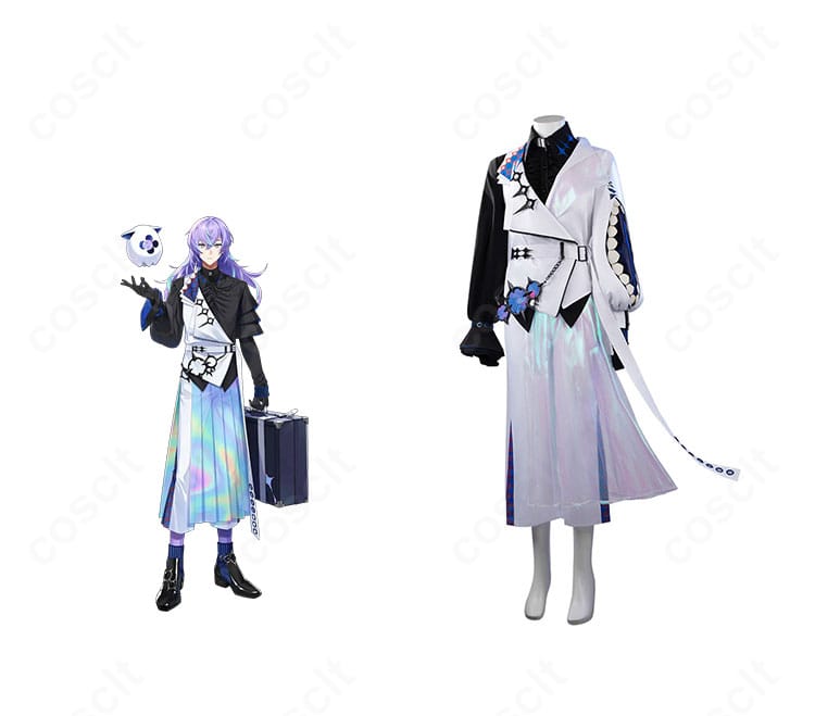 星導ショウのコスプレ衣装・商品正面とキャラクター参照画像。襟元のチェーンや眼帯まで高再現のデザインが分かる構図。