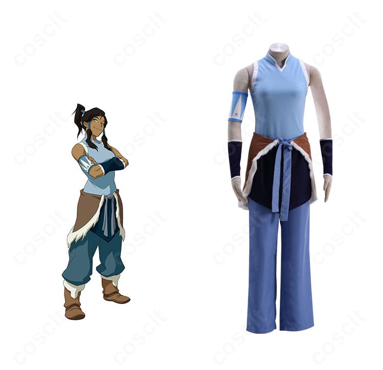 コーラの公式アートと並んだコスプレ衣装正面。腰布・アームカバー・髪飾りまで高再現のバトル衣装セット。