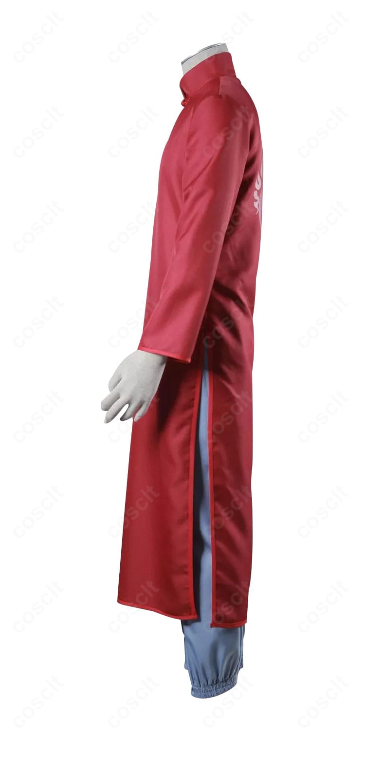 我愛羅 コスプレ衣装 左側ディテール。胸元の刺繍と装飾ステッチをクローズアップ。