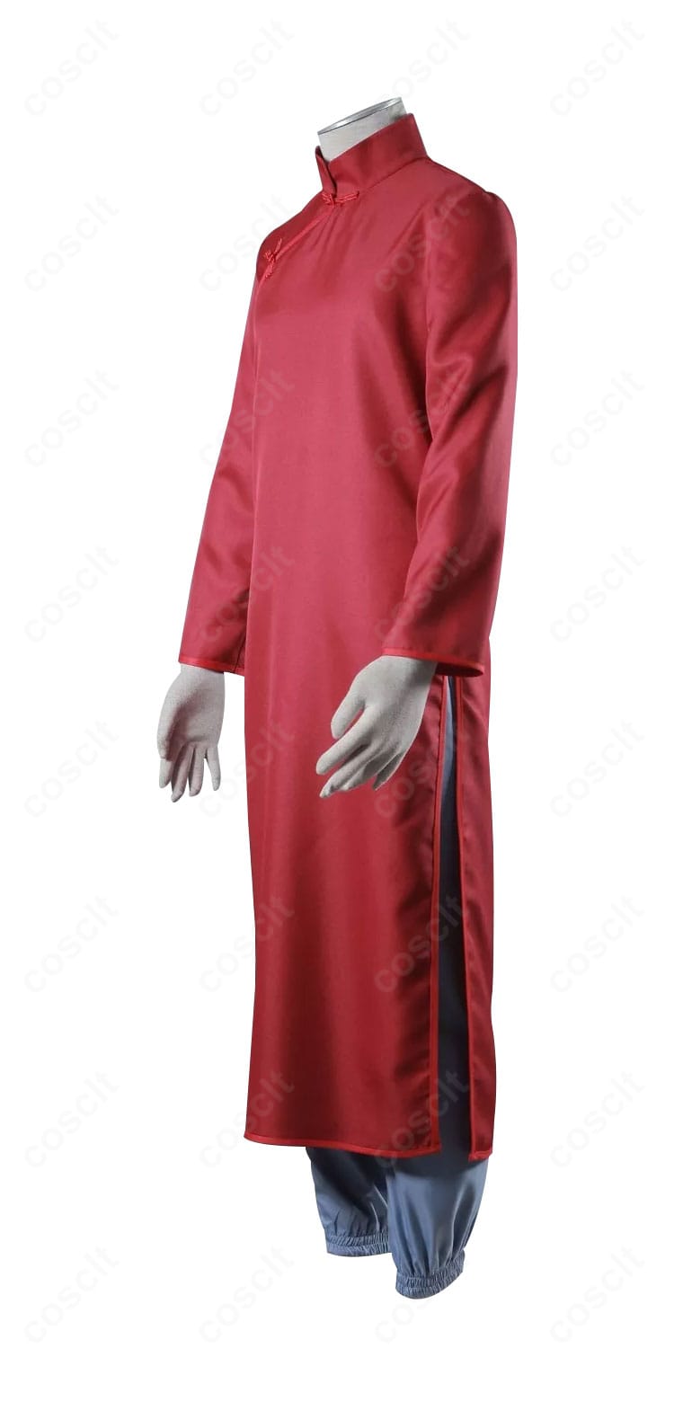 我愛羅 コスプレ衣装 側面。斜襟のラインと袖の落ち感、パンツの美しいテーパードを確認できる角度。