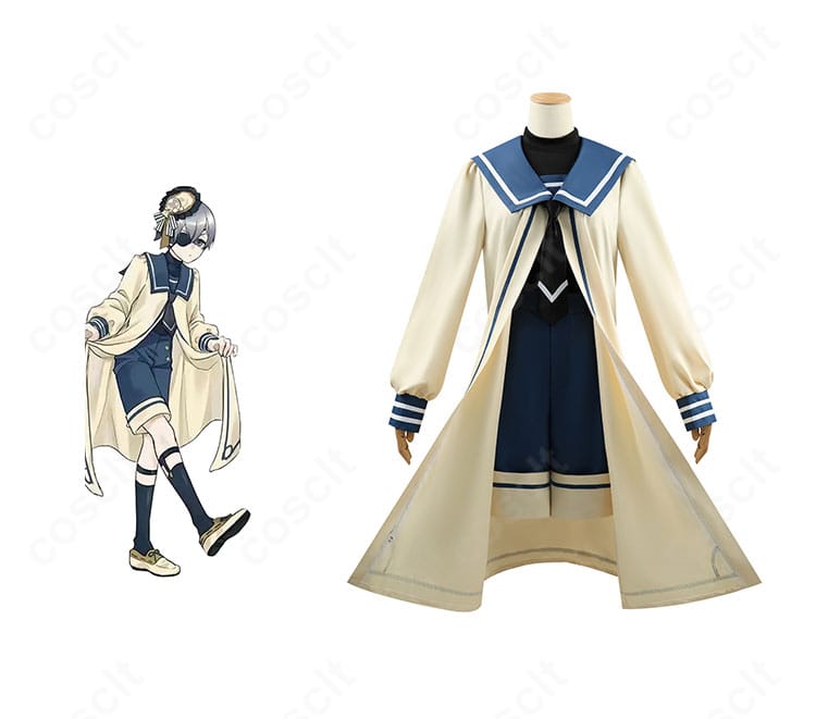 商品の正面全体と黒執事 シエル・ファントムハイヴのホタテ衣装コスプレ一式を組み合わせた解説画像
