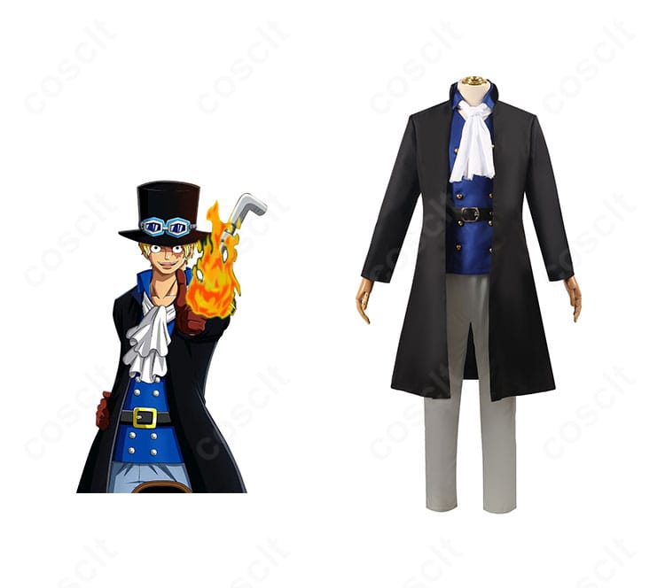 ONE PIECE サボのコスプレ衣装一式とキャラクター参考画像の並び。青ロングコートと白スカーフで忠実再現。