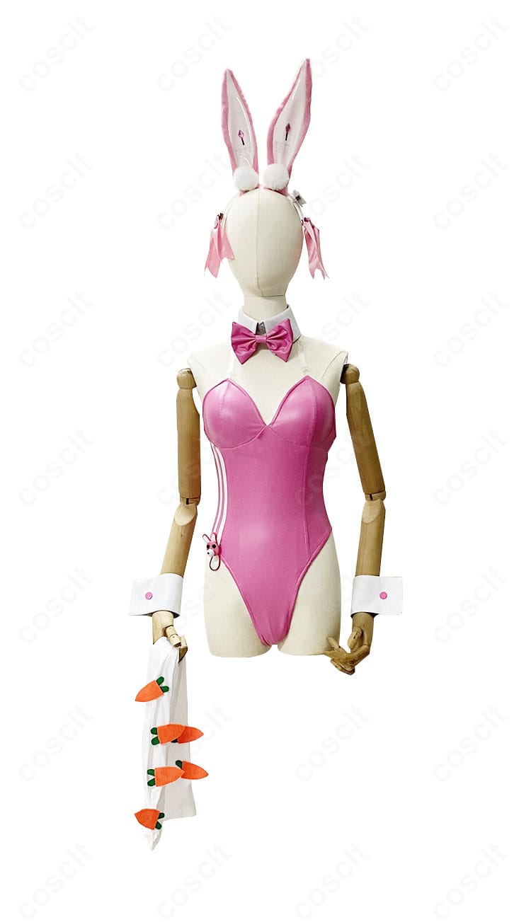 NIKKE アリス ワンダーランドバニー コスプレの正面図。レオタードとつけ襟、蝶ネクタイの配置がわかる精密カット。オーダーメイド対応の説明入り。