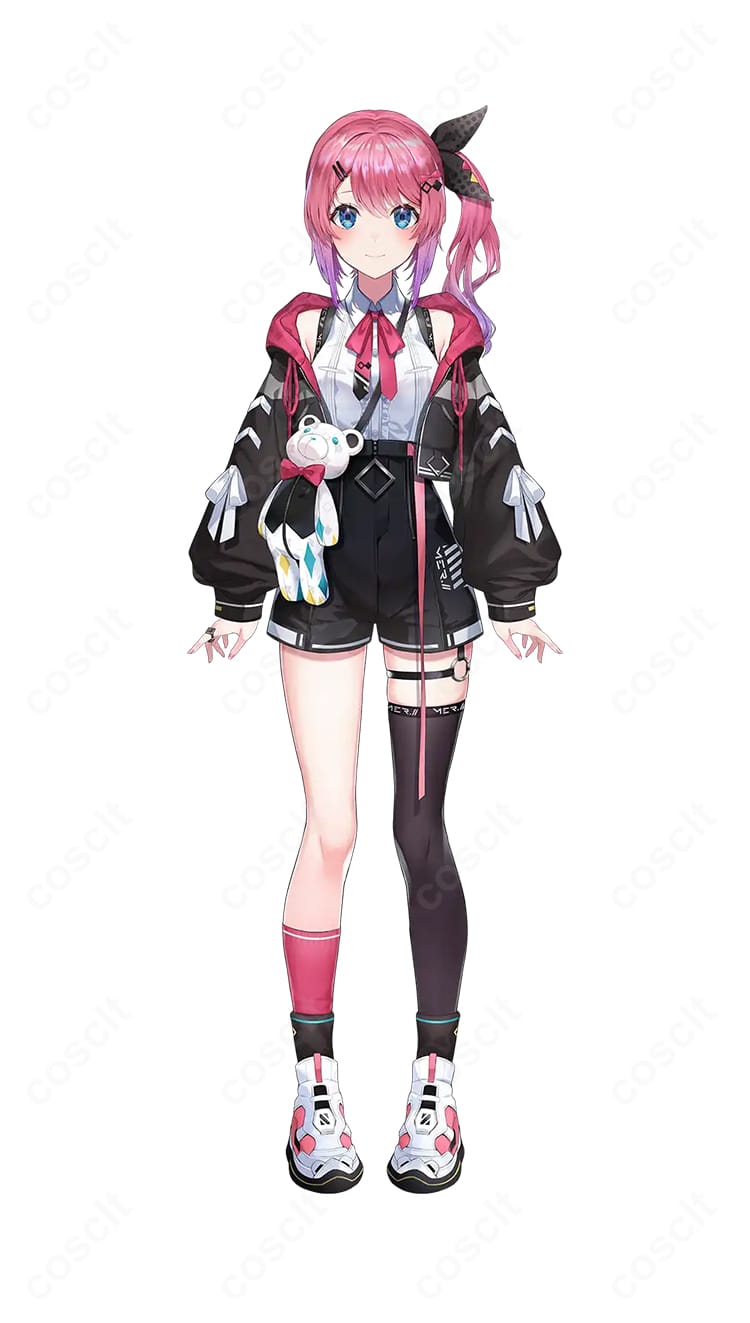 にじさんじ 倉持めると風の黒ピンクパーカーとくまのポシェットを着用したコスプレ全身カット（オーダーメイド対応・6点セットのイメージ）