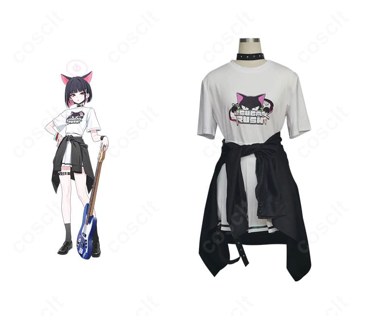 杏山カズサのシュガーラッシュ衣装とキャラビジュアルを並べた正面全景。コートの配色や胸元バッジなど再現ディテールがわかる1枚。