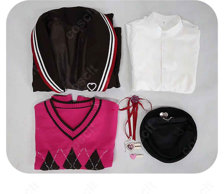 プロセカ 青柳冬弥 コスプレ衣装のセット内容一覧。コート、トップス、シャツ、帽子、リボン、飾り物が並ぶ構成写真。