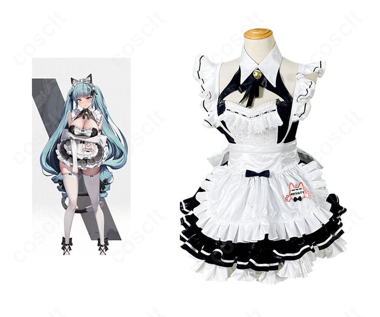 勝利の女神：NIKKE プリバティ アンカインド・メイドの正面全体とキャラビジュアル比較。猫耳付きデザインの可愛さが伝わる構図