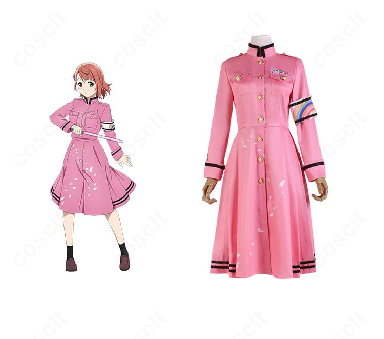 ラブライブ！虹ヶ咲 中須かすみ「繚乱！ビクトリーロード」コスプレ衣装の正面とキャラクター比較。高再現ワンピースの全体シルエットを確認。