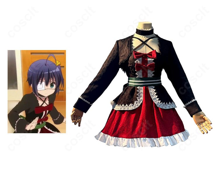 中二病でも恋がしたい！小鳥遊六花 クリスマス衣装の正面とキャラクター比較。赤×白配色と眼帯・チョーカーを忠実再現。