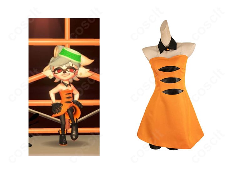 商品正面とホタルのコスプレ衣装セット全体。スプラトゥーン3 ホタル ハロウィンVer.の高発色ワンピースと小物が一目で分かる構成。