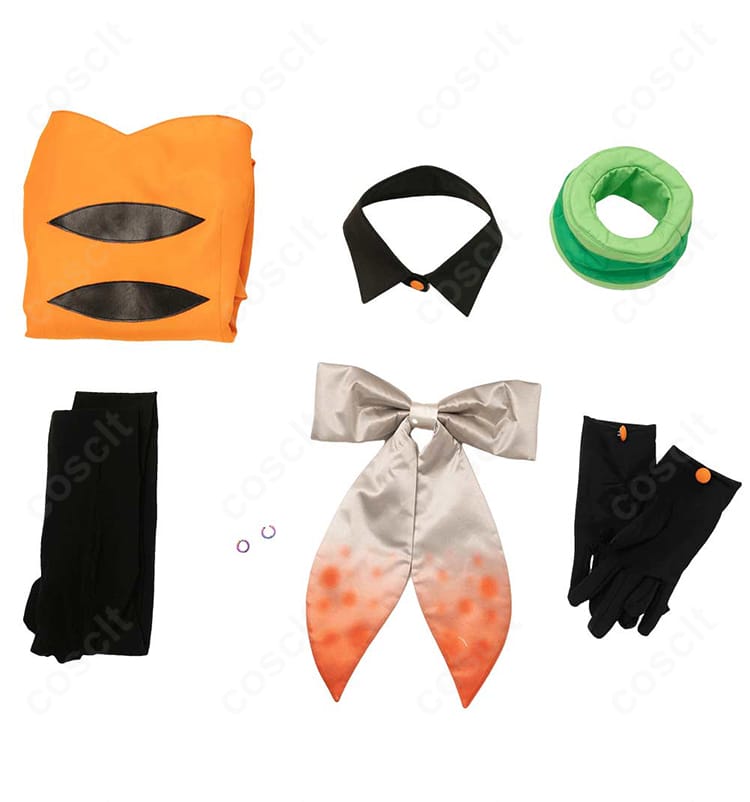 セット内容一式：ワンピース、つけ襟、手袋、髪飾り、蝶結び、耳飾り、タイツを並べた確認用画像。