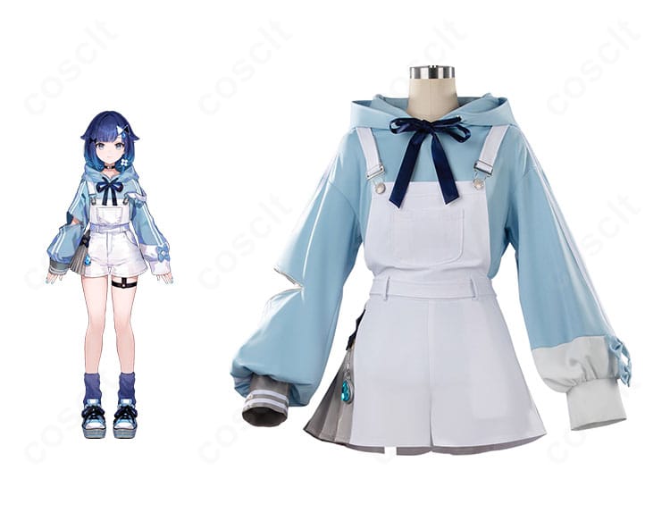 紡木こかげのコスプレ衣装一式とキャラクターイメージの組み合わせ。高再現のパーカー×オーバーオールが分かる正面画像。