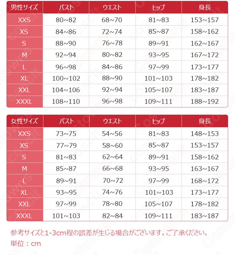 サイズガイド画像。XS～XXXLおよびオーダーメイド対応の採寸表を示す。
