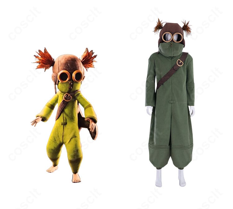リトルナイトメア アローンのコスプレ衣装とキャラクター参考を並べた画像。ジャンプスーツとヘルメットの全体バランスが分かる構図。