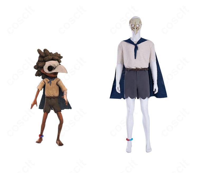 商品正面とローのコスプレ衣装を並べた画像。仮面とマントを含むフルセットの全体感が分かる構図