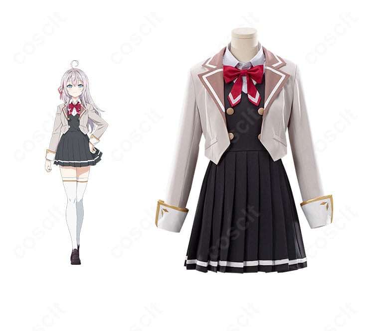 アリサ・ミハイロヴナ・九条の学園制服コスプレ衣装とキャラクタービジュアルを並べた正面画像。端正なシルエットと上品な発色を忠実に再現。