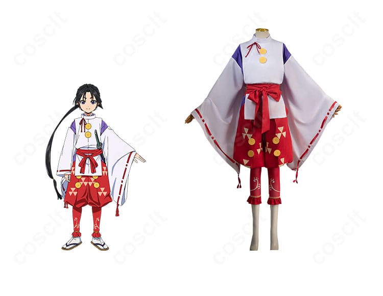 『逃げ上手の若君』北条時行コスプレ衣装の正面とキャラクター比較。襟元の赤紐や配色まで忠実に再現した全体像。