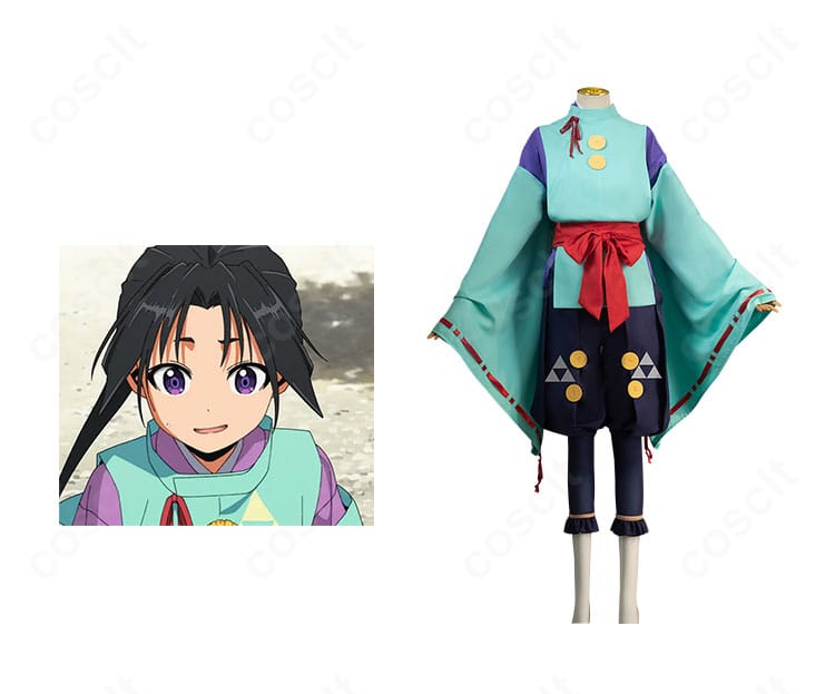 北条時行のコスプレ衣装正面とキャラクターを並置した画像。斜襟と赤いリボンを含む和装デザインの全体感がわかります。