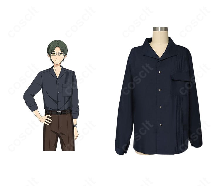 あんさんぶるスターズ！蓮巳敬人 私服（春～夏）コスプレ衣装とキャラクタービジュアルの比較画像。落ち着いた配色と端正なシルエットが高再現で伝わる構図。