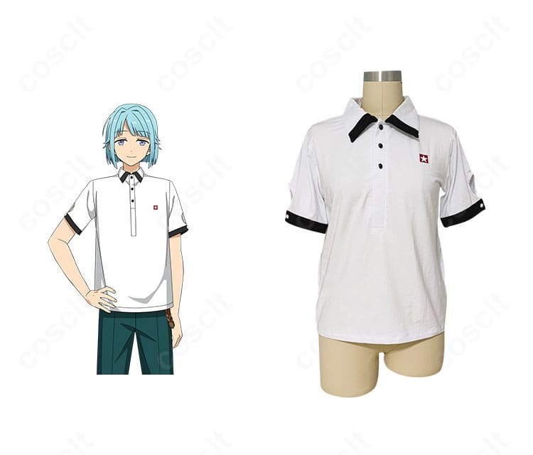 紫之創 私服(春~夏)コスプレ衣装の正面とキャラクター比較。爽やかな配色と自然なシルエットを高再現したイメージ